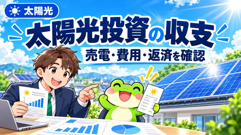 青色を基調に太陽光パネルとカエルと会社員を描き、売電・費用・返済を確認する太陽光記事の画像