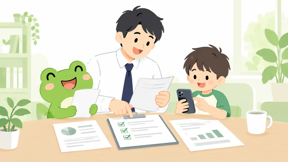 カエルと会社員の親子が申込書類を準備する