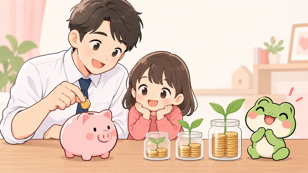 親子とカエルが少額から教育費を積み立てる