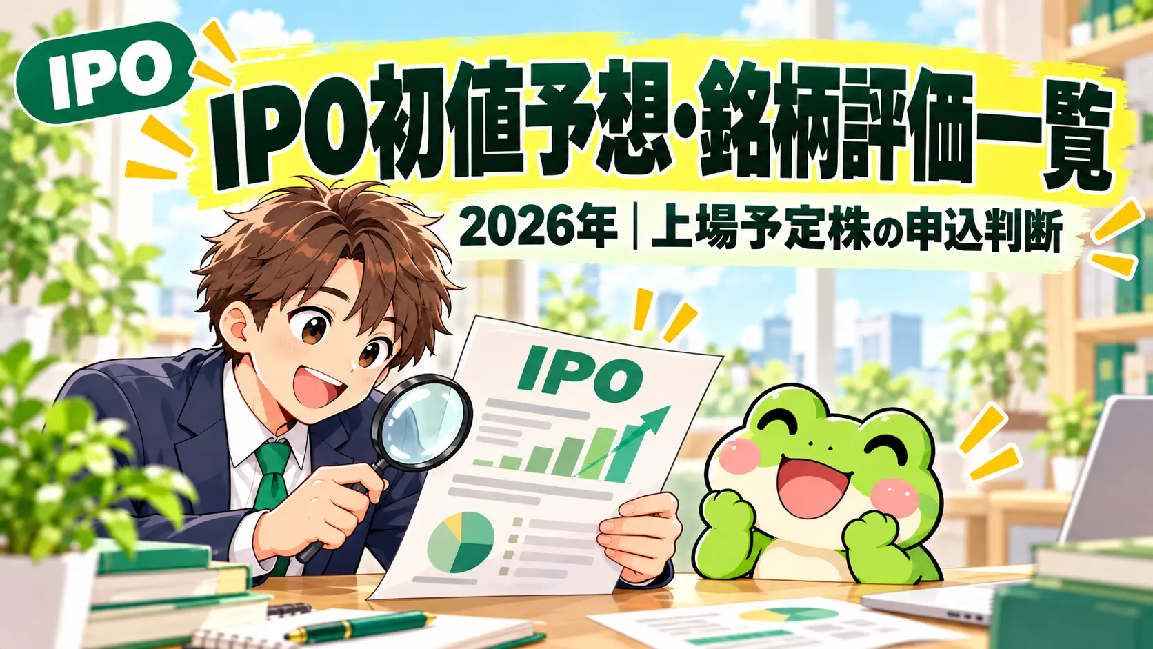 IPO初値予想・銘柄評価一覧を会社員とカエルが確認する緑色のサムネイル