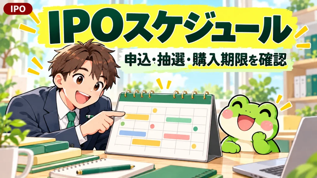IPOカテゴリのラベル付き。会社員とカエルがIPOの申込・抽選・購入期限を確認