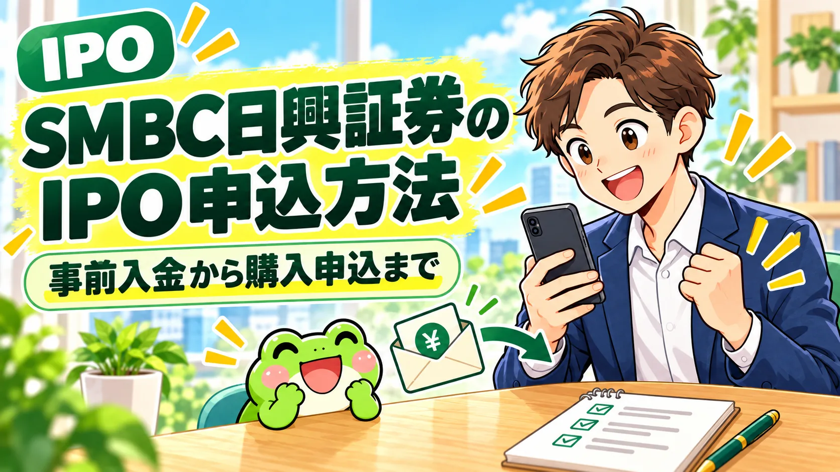 SMBC日興証券のIPO申込方法。緑色のIPOラベルと会社員・カエルのサムネイル