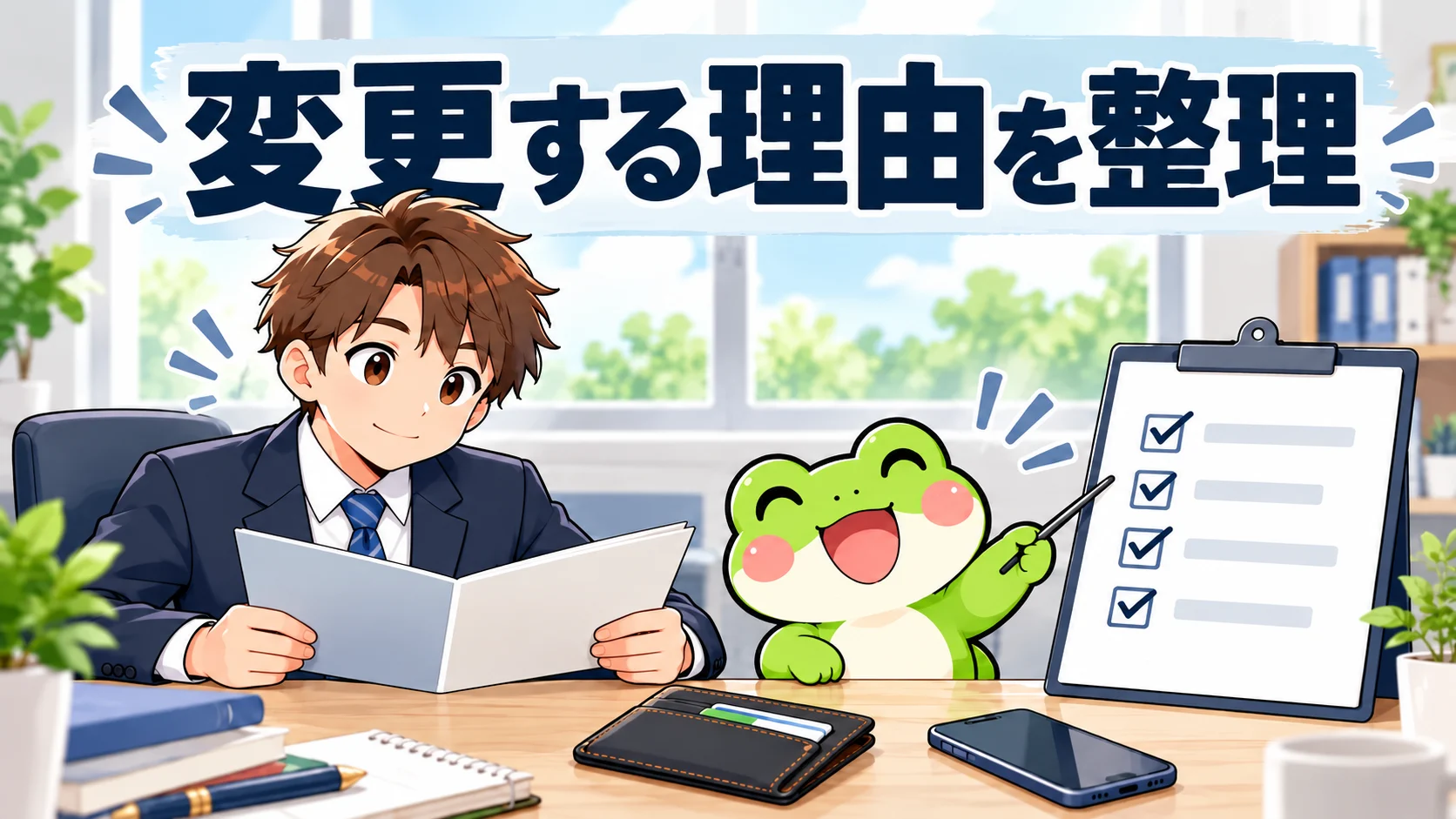 会社員が両手で一冊の書類を持ち、カエルとNISA口座変更の理由を整理する