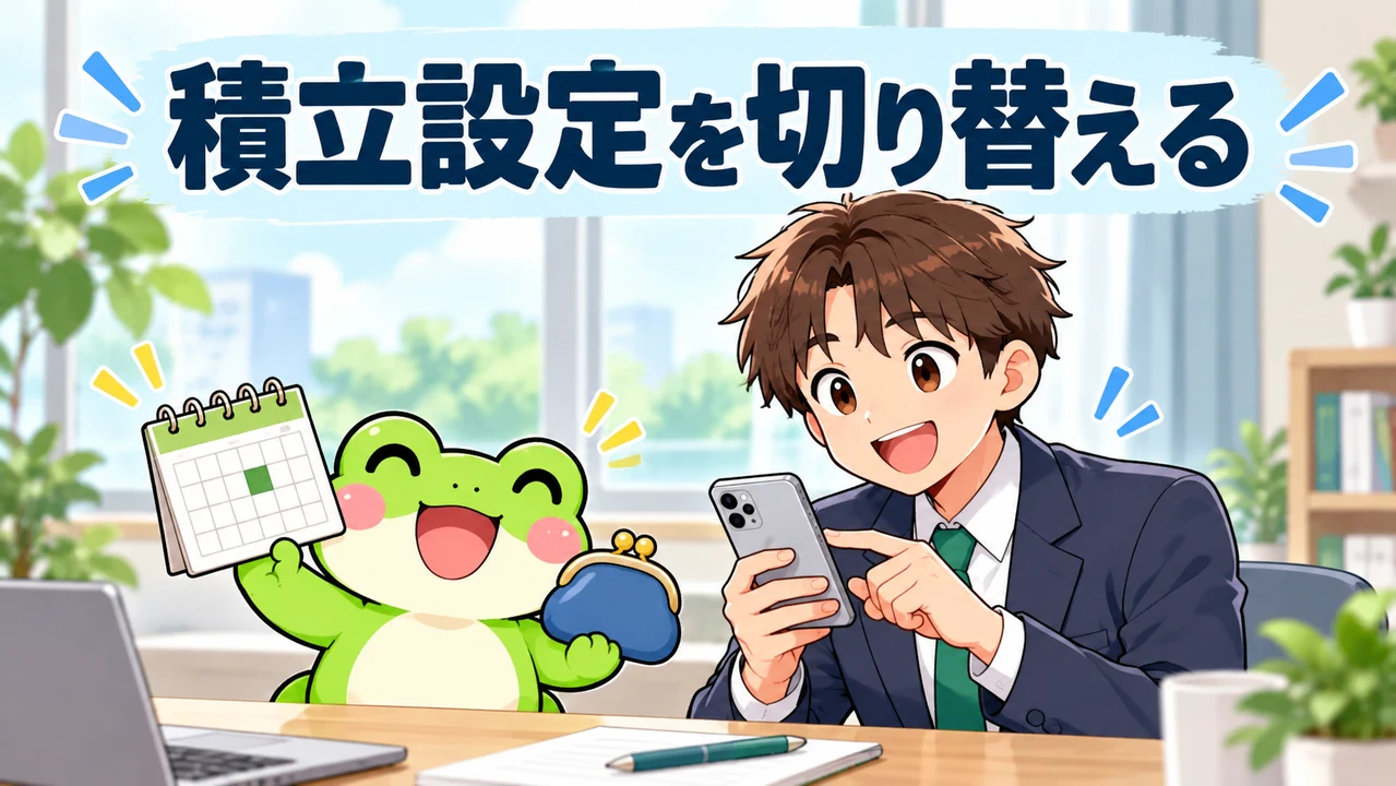 会社員がスマートフォンで積立設定を確認し、カエルがカレンダーと財布を持つ