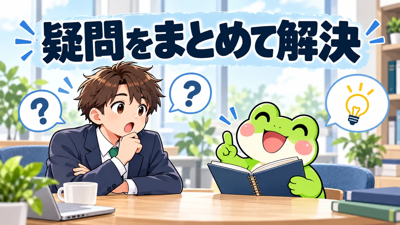 NISA口座変更について質問する会社員にカエルがノートを見せて説明する