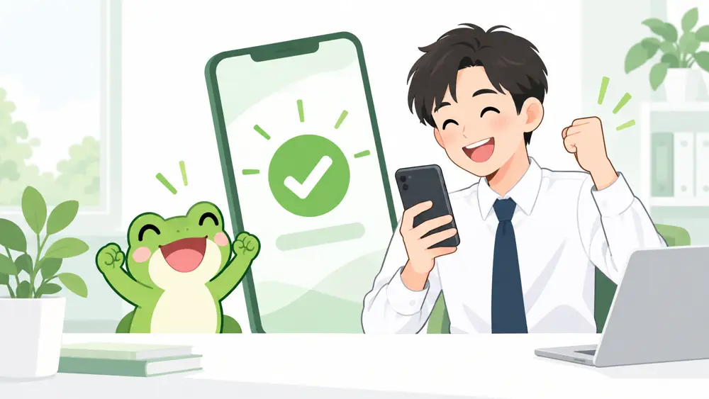 カエルと会社員がスマホでエントリー完了を確認する