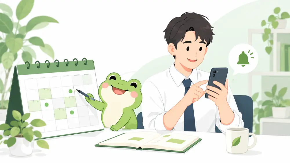 カエルと会社員が毎月のエントリー通知を設定する