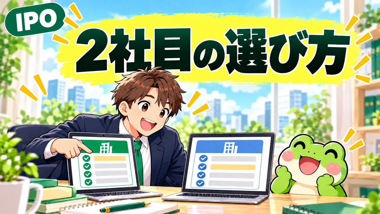 IPOの2社目の選び方。会社員が片手で証券会社の比較画面を指すイラスト