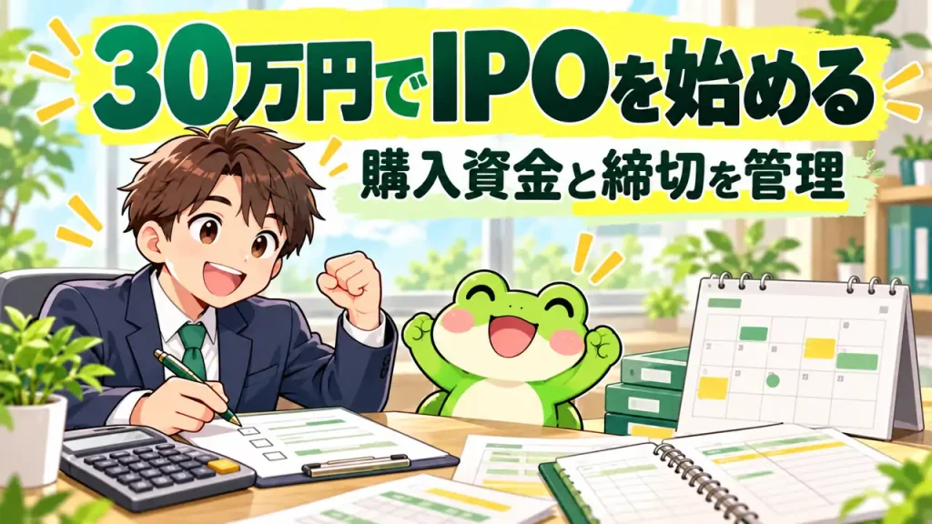カエルと会社員が資金30万円でIPO投資を説明