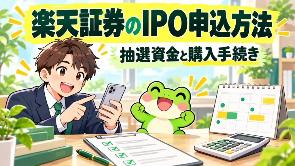 IPO申込を解説するカエルと会社員