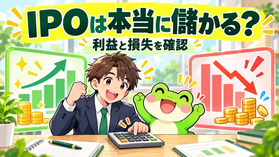 IPOの利益と損失を確認するカエルと会社員