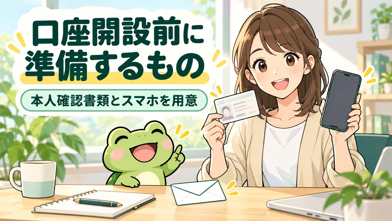 カエルと会社員が口座情報の登録に必要な準備をする