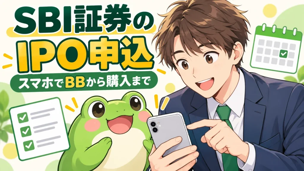茶髪の会社員と丸い緑のカエルがスマートフォンでIPOのBBと購入手順を確認