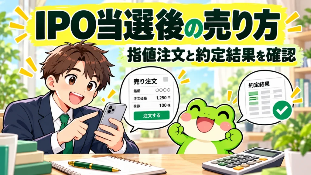 カエルと会社員がIPO当選後の売り方を確認