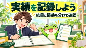 カエルと会社員が実績を記録しようを説明